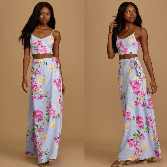 Lulus Bloom With a View Light Blue Floral Print Two-Piece Maxi Dress - Picture 1 of 9